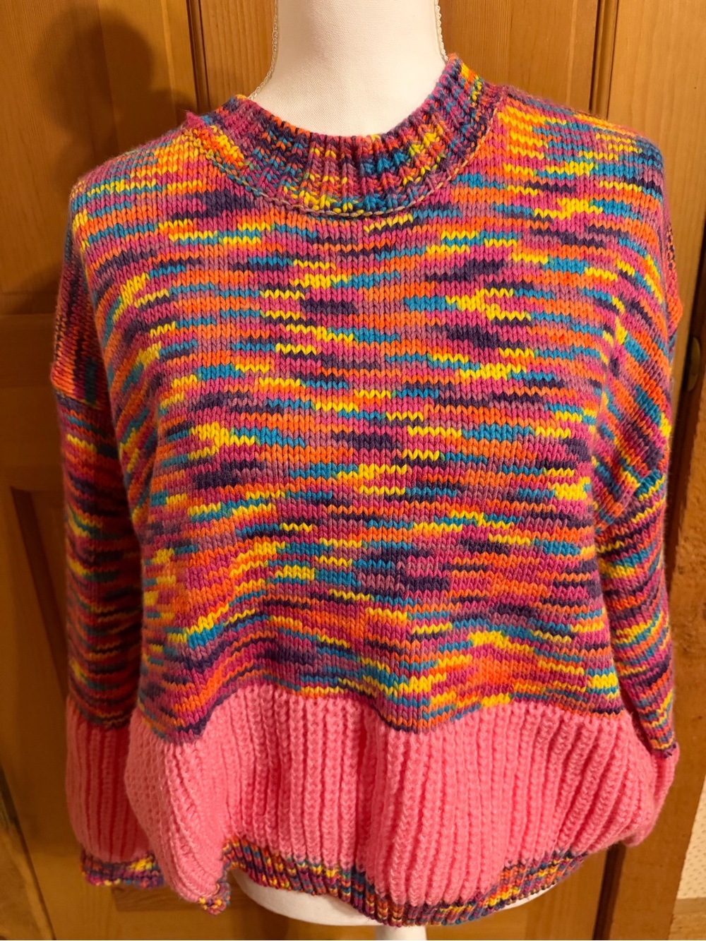 POL Multicolor Crewneck Sweater with Pink Hem
